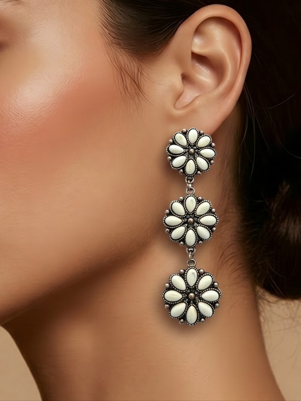 Western White Beaded Flower Dangle Earrings Boho Tribal Southwestern Statement